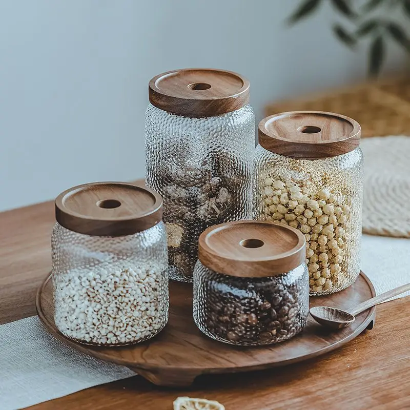 Hammered Glass Storage Jars Set with Airtight Wood Lids, Clear Food Canisters for Kitchen Pantry, Coffee Bean, Grain, Snack,
