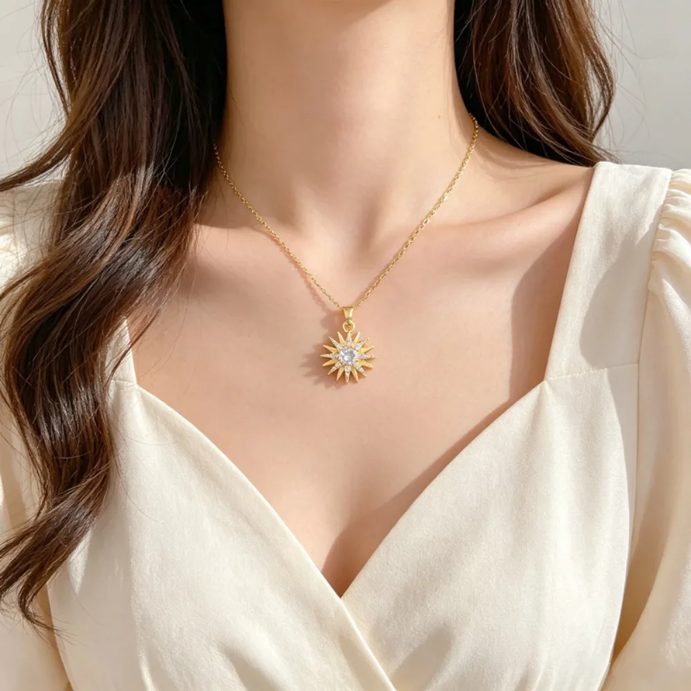 Luxury Shiny Inlay Zircon Sun Sunlight Octagram Star Pendant Necklace for Women Stainless Steel Colorfast Fashion Jewelry Gifts