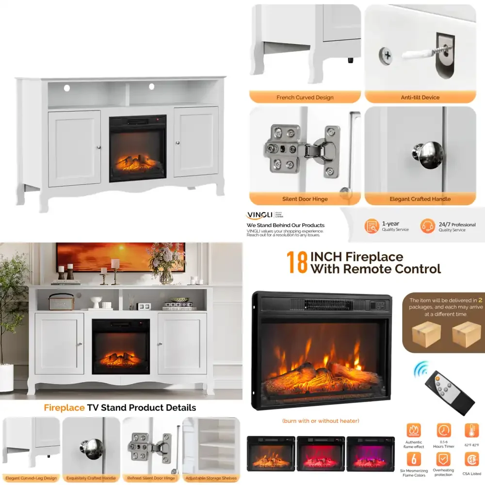 

58 Inch White French Style Fireplace TV Stand with Curved Legs Compatible with 18 Inch Fireplace Insert