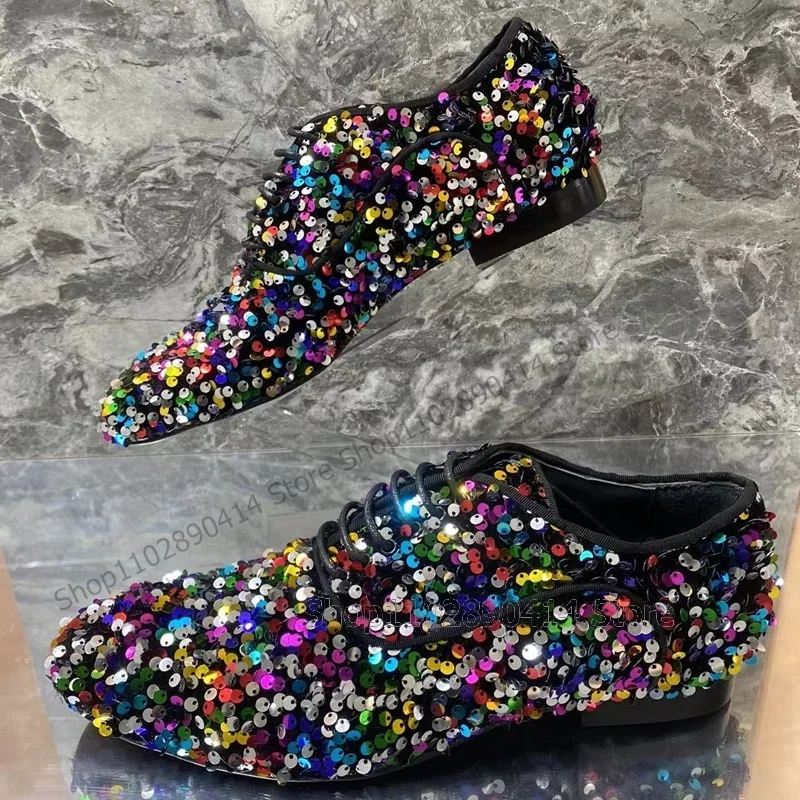 

Colorful Sequins Decor Round Toe Strappy Loafers Fashion Lace Up Men Shoes Luxury Handmade Party Feast Banquet Men Casual Shoes