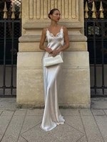 Sexy Women V-neck Satin Sling Maxi Dress Chic White Lace Patchwork Sleeveless Backless Slim Gowns Summer Evening Party Dresses - Image 3