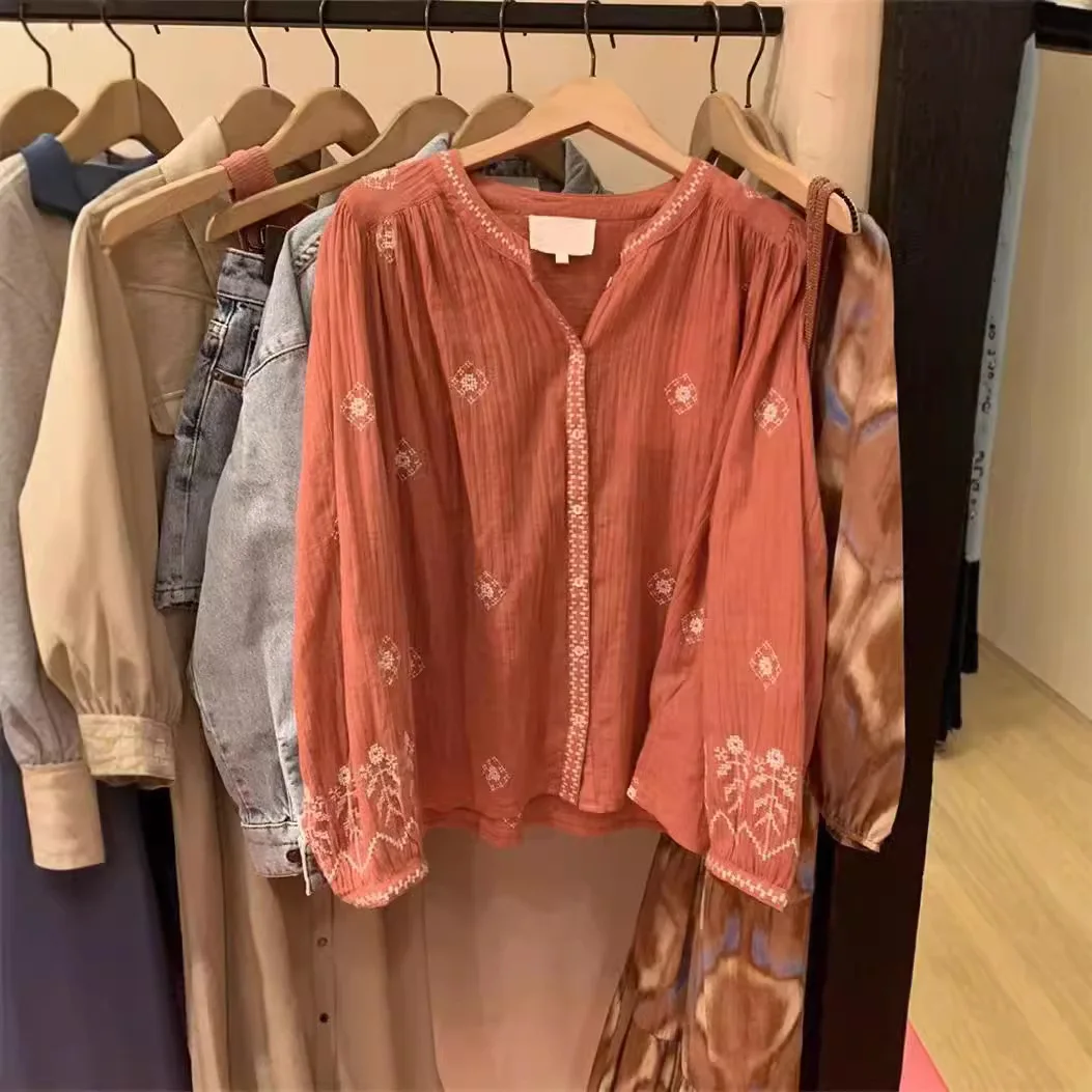 

Новинка ранней осени: свободный хлопковый топ BA24 с вышивкой в стиле французского кэжуал, длинный рукав, свободный крой