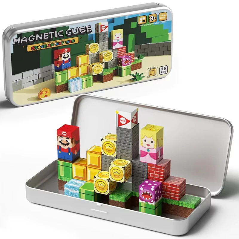 Mini Magnetic Blocks, Travel Magnet Building Blocks for Toddlers, 35 PCS Magnetic Building Toys with Portable Iron Box Magnetic