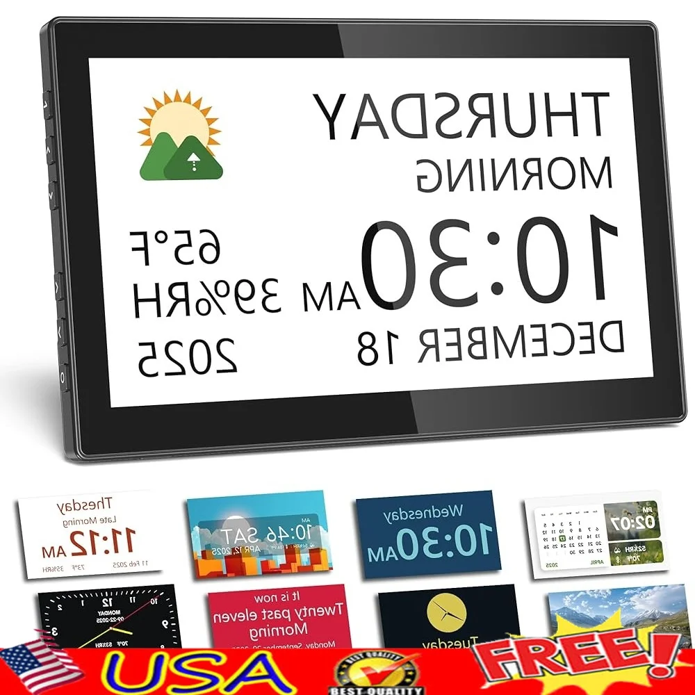 

10.1 Inch Digital Clock Calendar Temperature Humidity Display Custom Themes Auto Dimming Alarm Function Photo Frame Memory