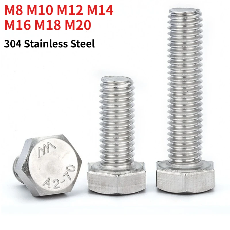 1pcs Length: 6–220 mm M8 M10 M12 M14 M16 M18 M20 304 Stainless Steel Hex Head Bolt DIN933 A2-70 Full Thread Outer Hexagon Screw