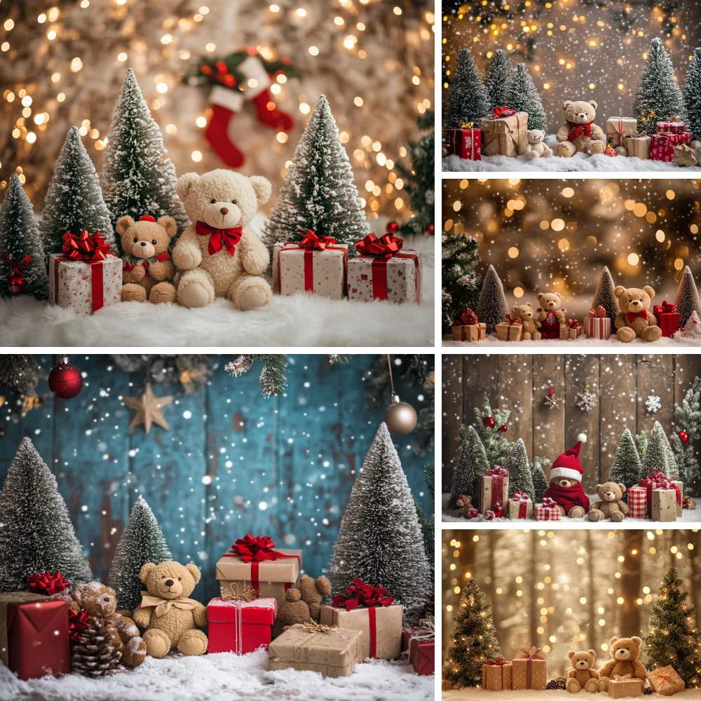 

Christmas Room Photography Background Christmas Tree Retro Wall Bear Gold Glitter Gift Background Winter Kids House Party Photo