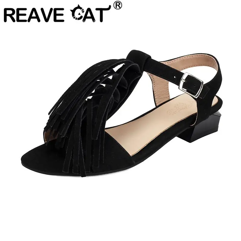 

REAVE CAT Yellow Women Sandals Pointed Toe Flats Buckle Strap Soft Leisure Daily Handmade Fringe Shoes Footwear Plus Size 42 43