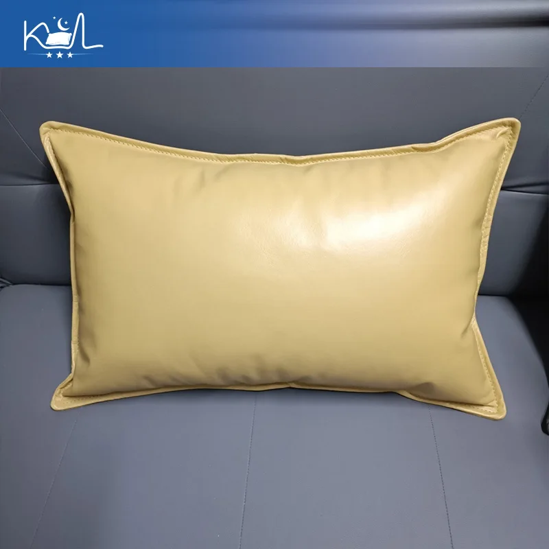 Lemon Yellow Top Grain Cowhide Pillow, Double-Sided Smooth Glossy Leather Cushion with Piping Edge, Rectangular