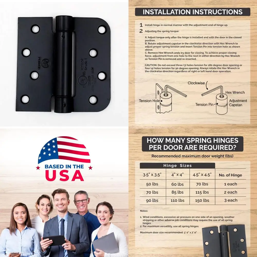 مفصلات زنبركية 4 بوصة قابلة للتعديل ذاتية الإغلاق لـ 2-3 أبواب، زاوية مربعة 5/8 بوصة، لمسة نهائية سوداء مسطحة، 6 عبوات #1