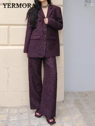 YERMORA Purple Sequins Temperament Two-piece Set Suit Lapel Blazer And Wide Leg Pants Fashion Tide Spring Autumn 2024 New A73