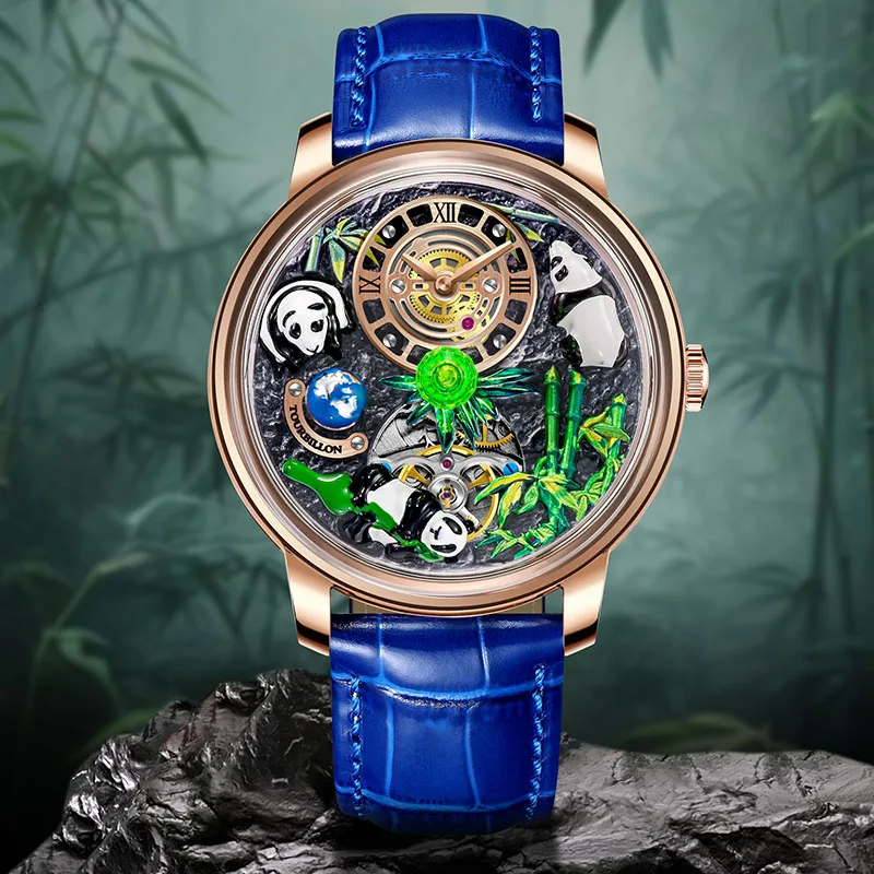 PINDU Men Automatic Watch 42.5mm Mechanical Wristwatch Vintage 50M Waterproof 3D Panda Dial Butterfly Clasp