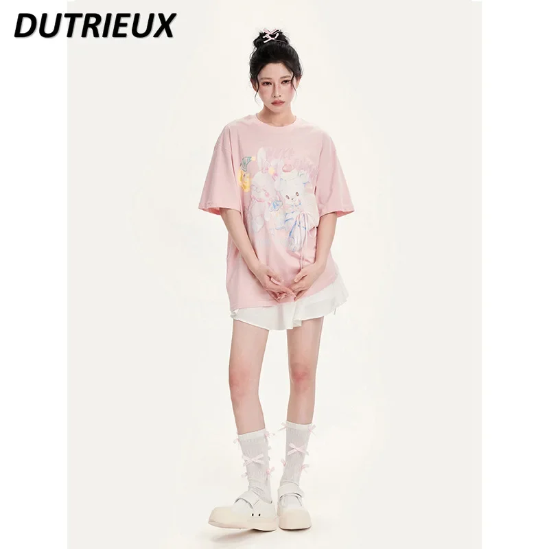 

Loose Crew Neck Tshirt 2024 Spring and Summer New Casual Tee Sweet Cute Printed Short Sleeve T-shirt Fashion Women's Top