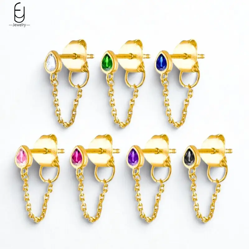

925 Sterling Silver Needle Colorful Zircon Water Drop Stud Earrings Women's Luxury Chain Tassel Pendant Earrings Fine Jewelry