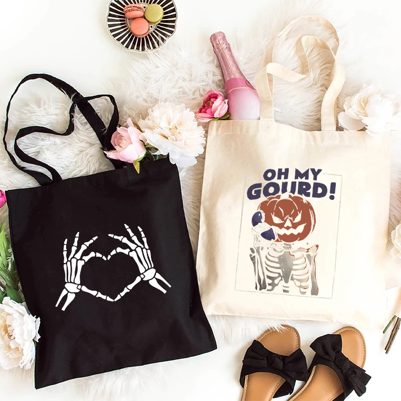 

Funny Halloween Canvas Women Handbags New Tote Bag Skull Finger Print Shopping Bags Reusable Foldable Shoulder Bag for Female