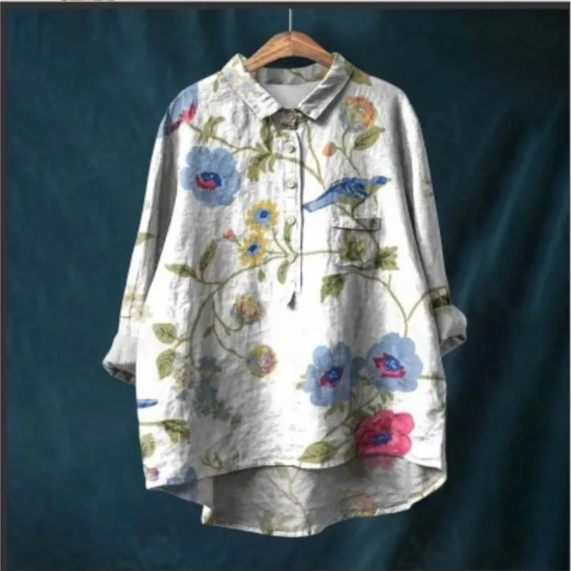 2024 European and American Style Women\'s Shirt Autumn New Long Sleeved Floral Fashion Fersatile Collared Shirt