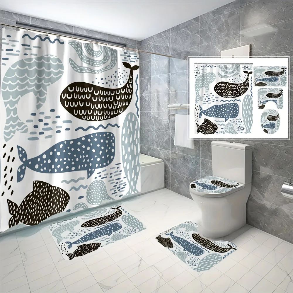 

4 шт., занавеска для душа из полиэстера с цифровым принтом «Кит», перегородка без перфорации, набор из четырех предметов для ванной и ванной комнаты