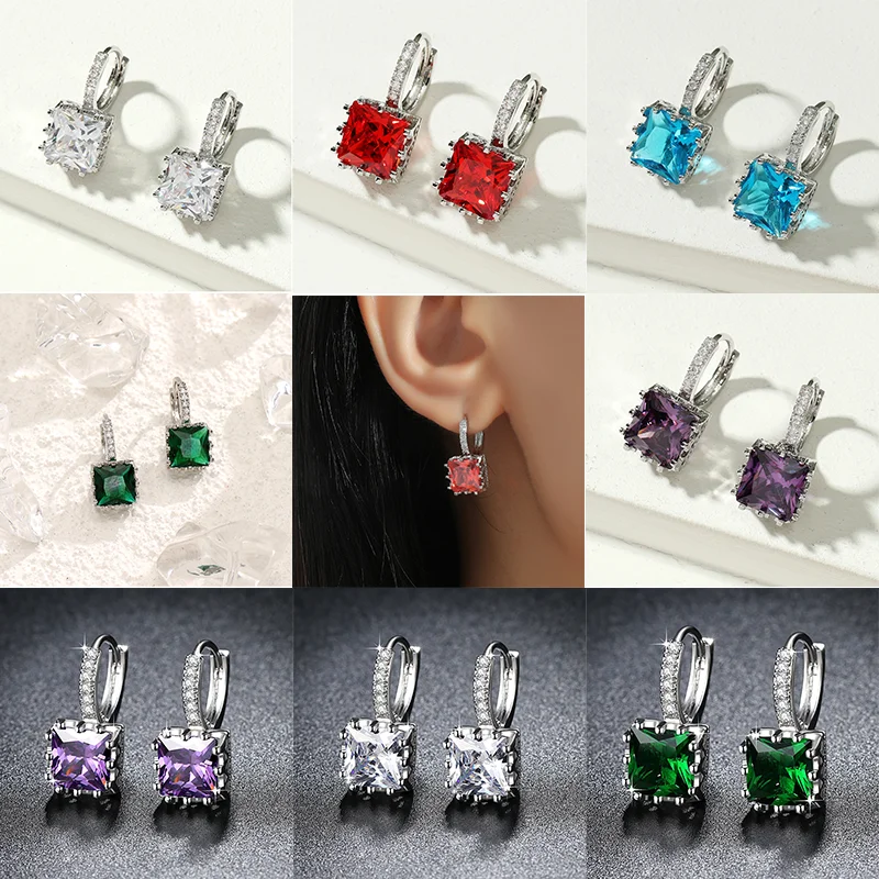 Beiver Exquisite Square CZ Earrings for Women Silver Color Jewelry 5 Colors Exquisite Cubic Zirconia Earrings Ladies Gifts