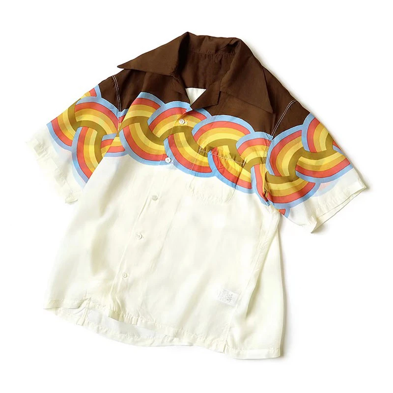 

2025 KAPITAL 22SS Японская свободная рубашка из искусственного шелка с радужной волной в тон груди с короткими рукавами