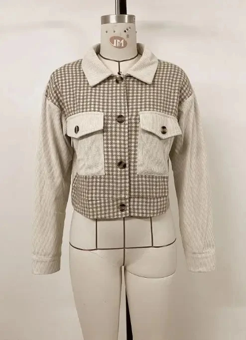 Woman Coat Dialy Clothing Autumn Fashion Wear 2025 New Casual Retro Lapel Short Corduroy Patchwork Houndstooth Women's