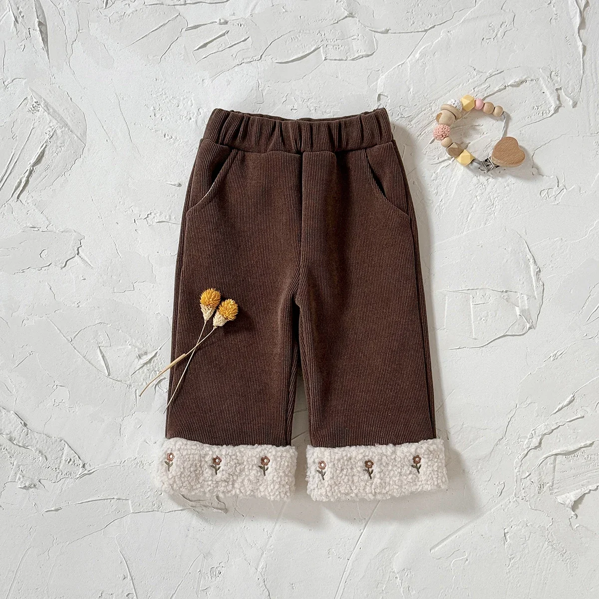 Kids Warm Pants Autumn Winter Thicken Trousers Baby Girls Cute Ankle Three Small Flower Embroidery Children Casual Pants