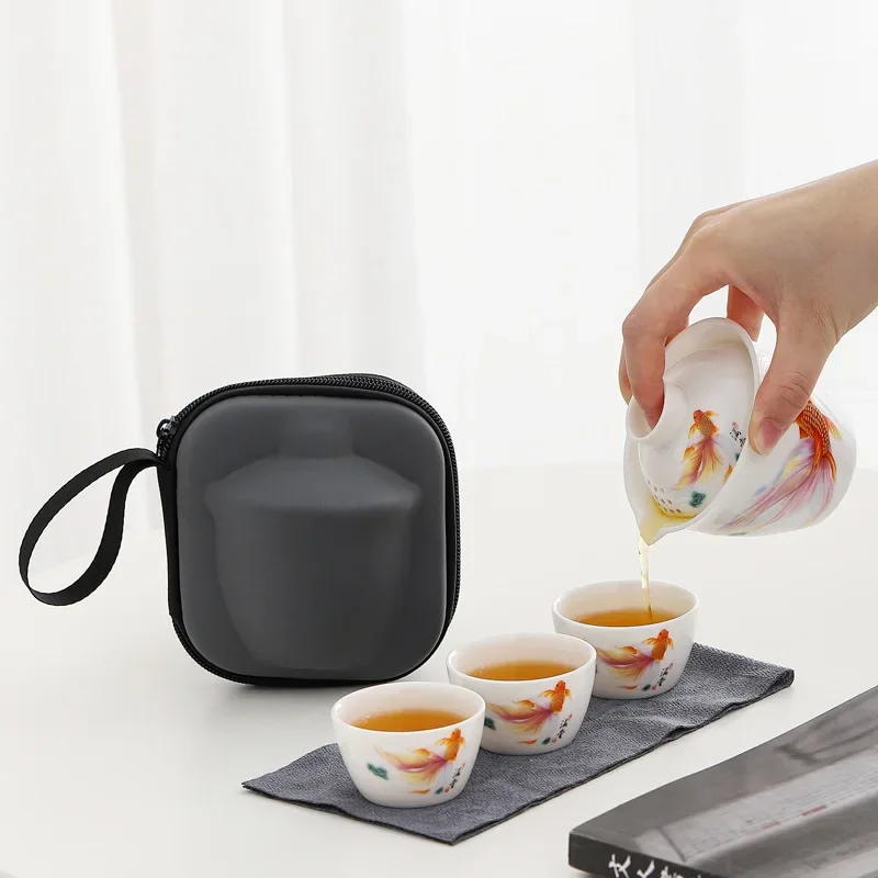 Hand-painted Travel Tea Set White Porcelain Pot Three Cups Outdoor Kung Fu Tea Set Portable Quick Cup Mutton Fat Jade Gift Sets