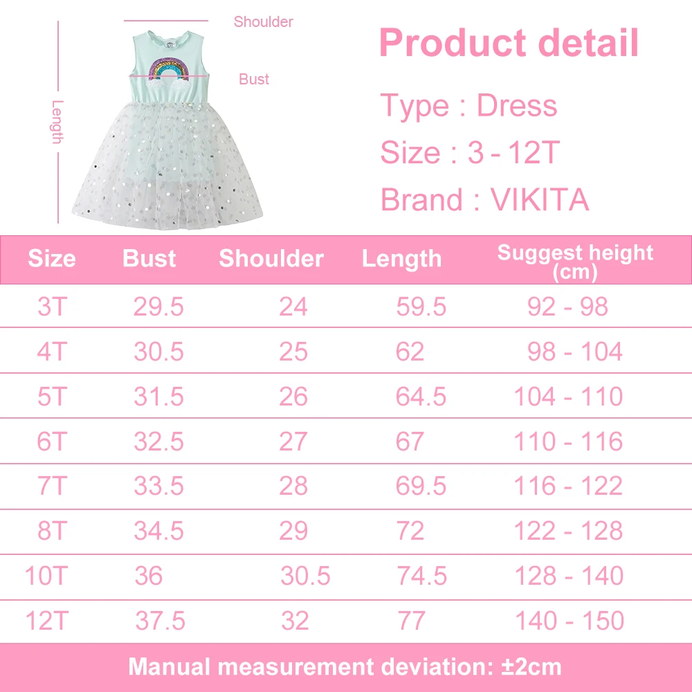 VIKITA Girls Sleeveless Dress Kids Rainbow Sequined Appliqued Summer Dress Girls Casual Daily Blue Mesh Tulle Princess Vestidos