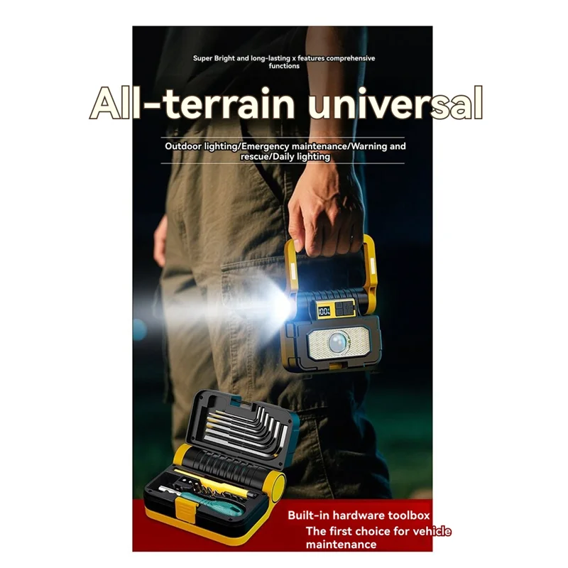 ABKO-Solar Power LED Flashlights Multifunctional Portable Light Rechargeable Camping Work Light Built In Hardware Tool Box