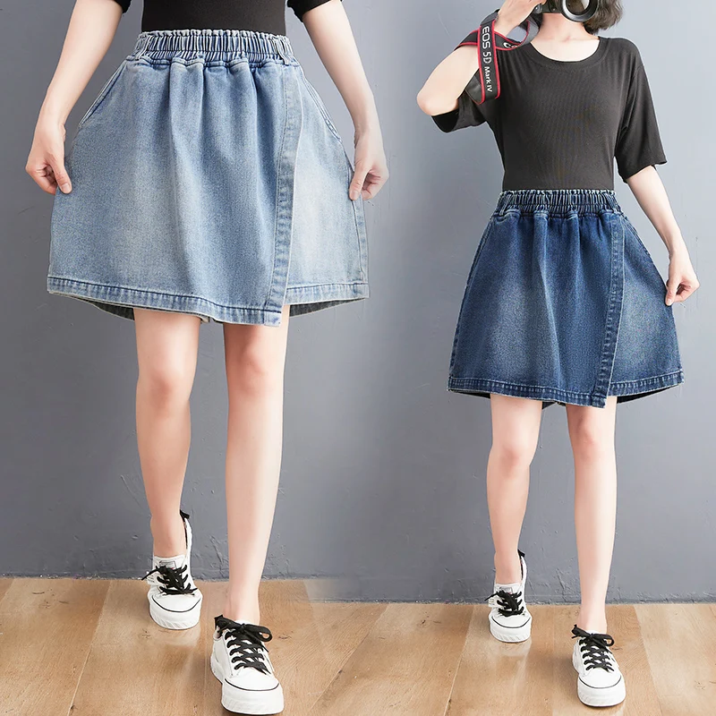 

High Waist Loose Fit Denim orts Women's Summer Faion Wide Leg Pants Skirt Patchwork Fake Two-Piece Casual Hot Pants
