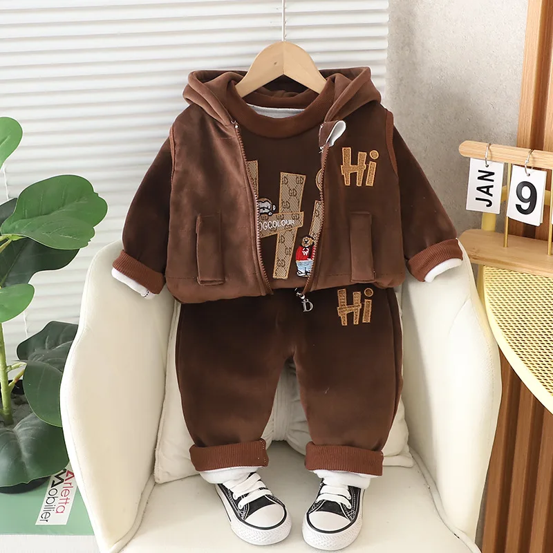 Baby Boys Clothing Set Winter Autumn Thick Letter Print Sweatershirt+Pants+Hooded Vest 3Pcs Plus Velvet Suit For 1-4 Years Kids