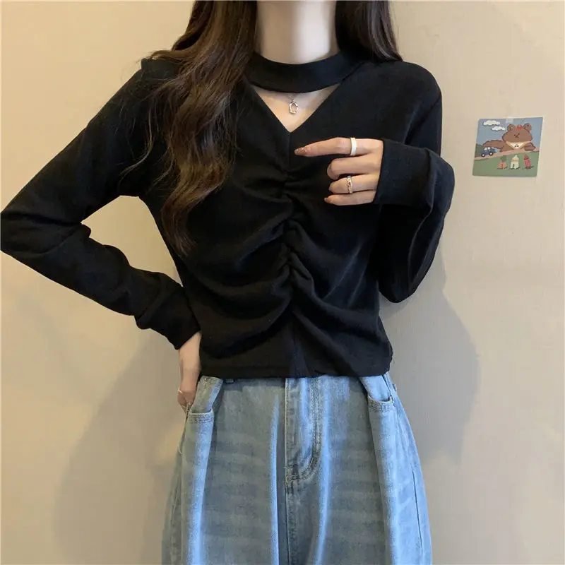 2023 Spring and Autumn New Western Style Slim Fit Short Top Hollow Hanging Neck Fashion Long Sleeve T-shirt Underlay