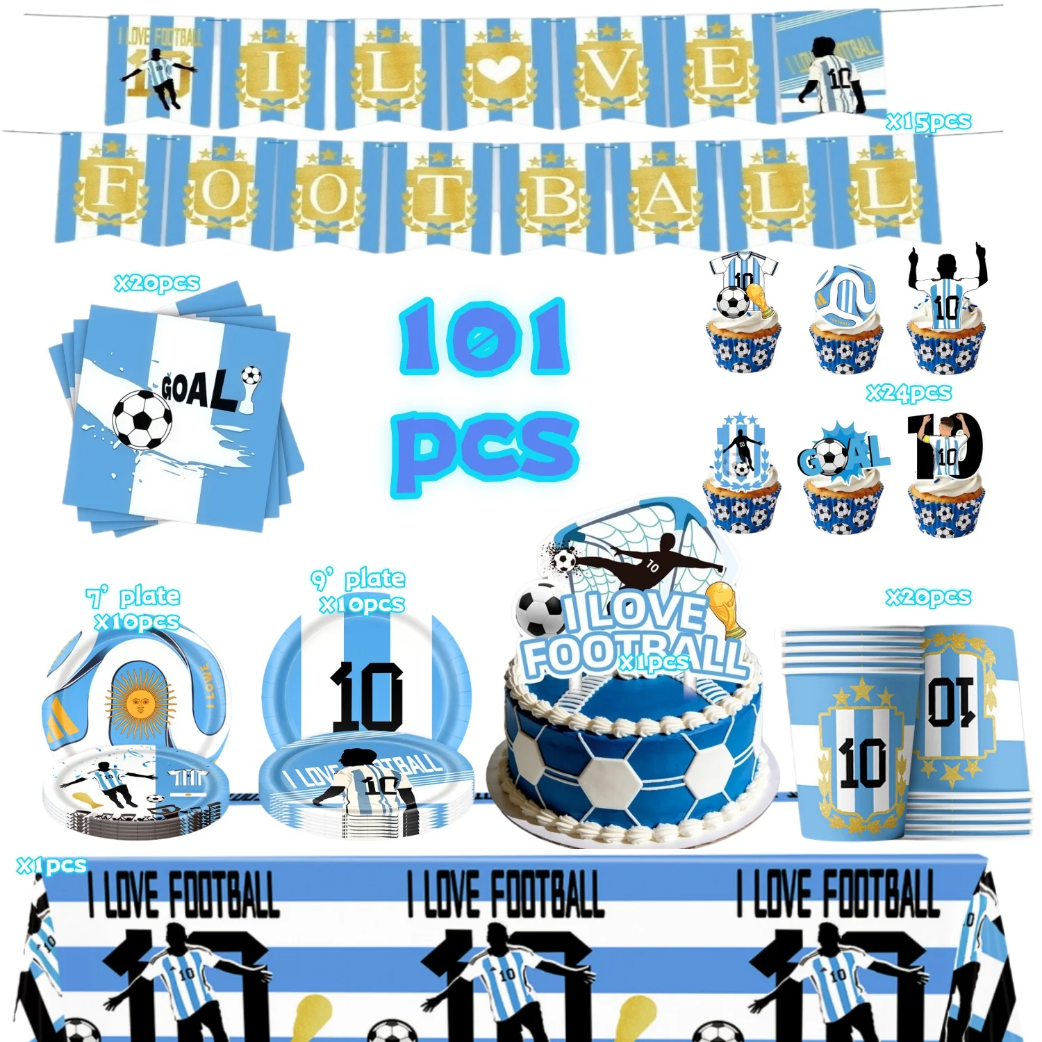 Decoración para Fiesta de Cumpleaños de Jugador de Fútbol, Vajilla Desechable, Servilletas con Diseño de Balón de Fútbol, Mantel, Adorno para Pastel, Set de Superestrella Argentina