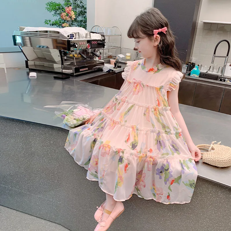 

Girls Dress Summer Thin Cake Dress 2024 New Children Fashion Princess Skirt Baby Girls Floral Skirt Korean Sweet Style