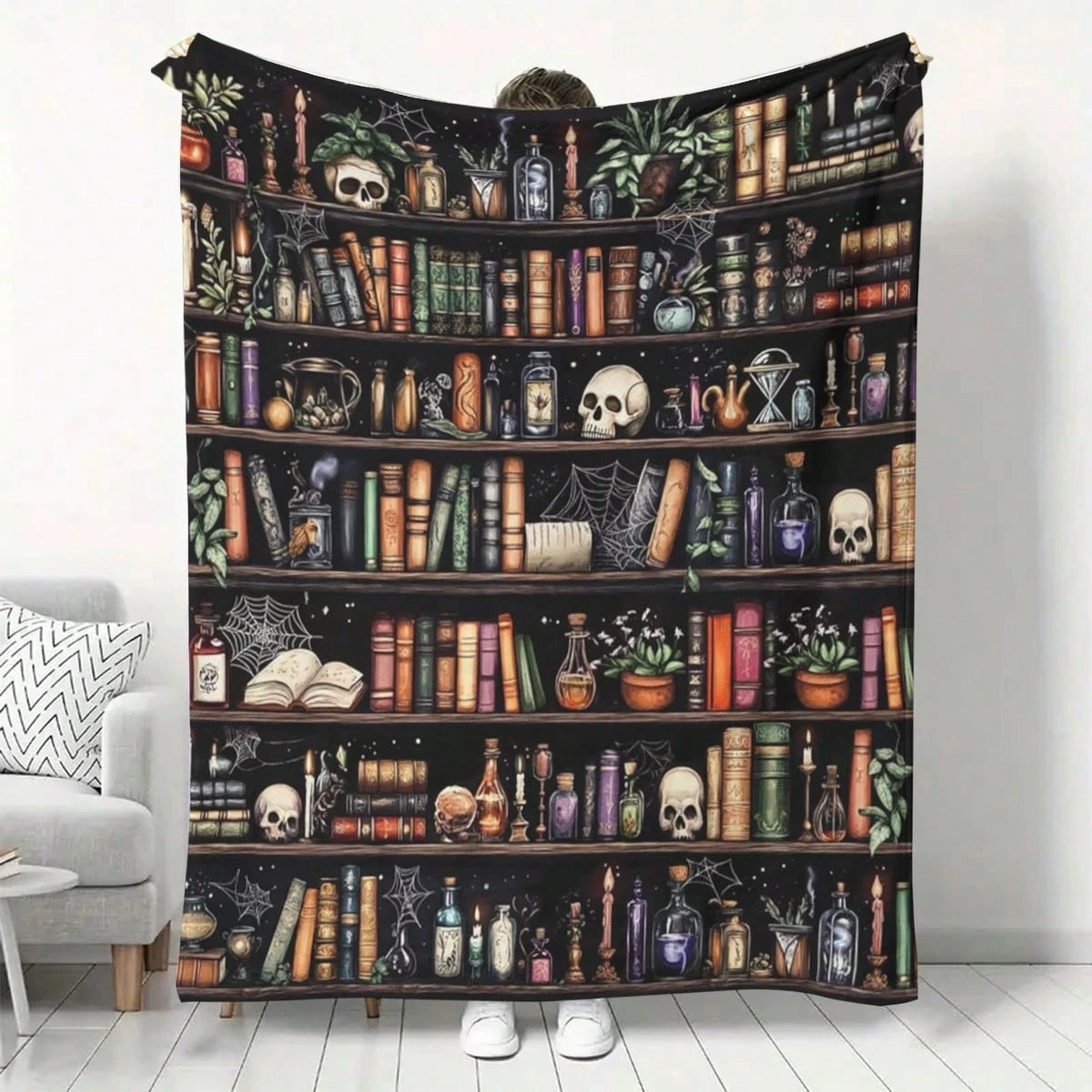 Gothic Skeleton Bookshelf Blanket, Gift for Book Lovers, Halloween Decoration for Bookworms, Readers, Bookstores, Librarians, Bo