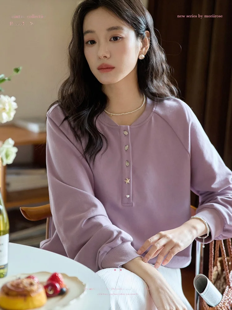 

Moriirose Women's Drawstring Hoodie Spring Standard Fit Long Sleeve round Neck Zipper Shoulder Design Decorative Button Top