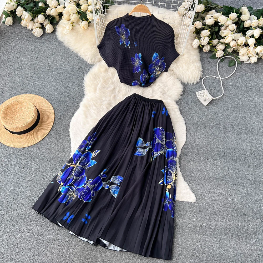 Vintage Elegant Floral Print Stretched Pullovers Top + A-Line Pleated Midi Long Skirts Fashion Runway 2 Pcs Sets Casual Outfits