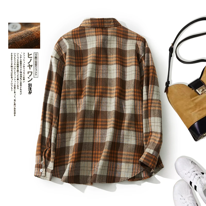 Harajuku اليابانية الرجعية الأخضر منقوشة نحى قميص المرأة فضفاضة تناسب مفتوحة الجبهة سترة الربيع جودة بلوزة الكاكي جيب القمم