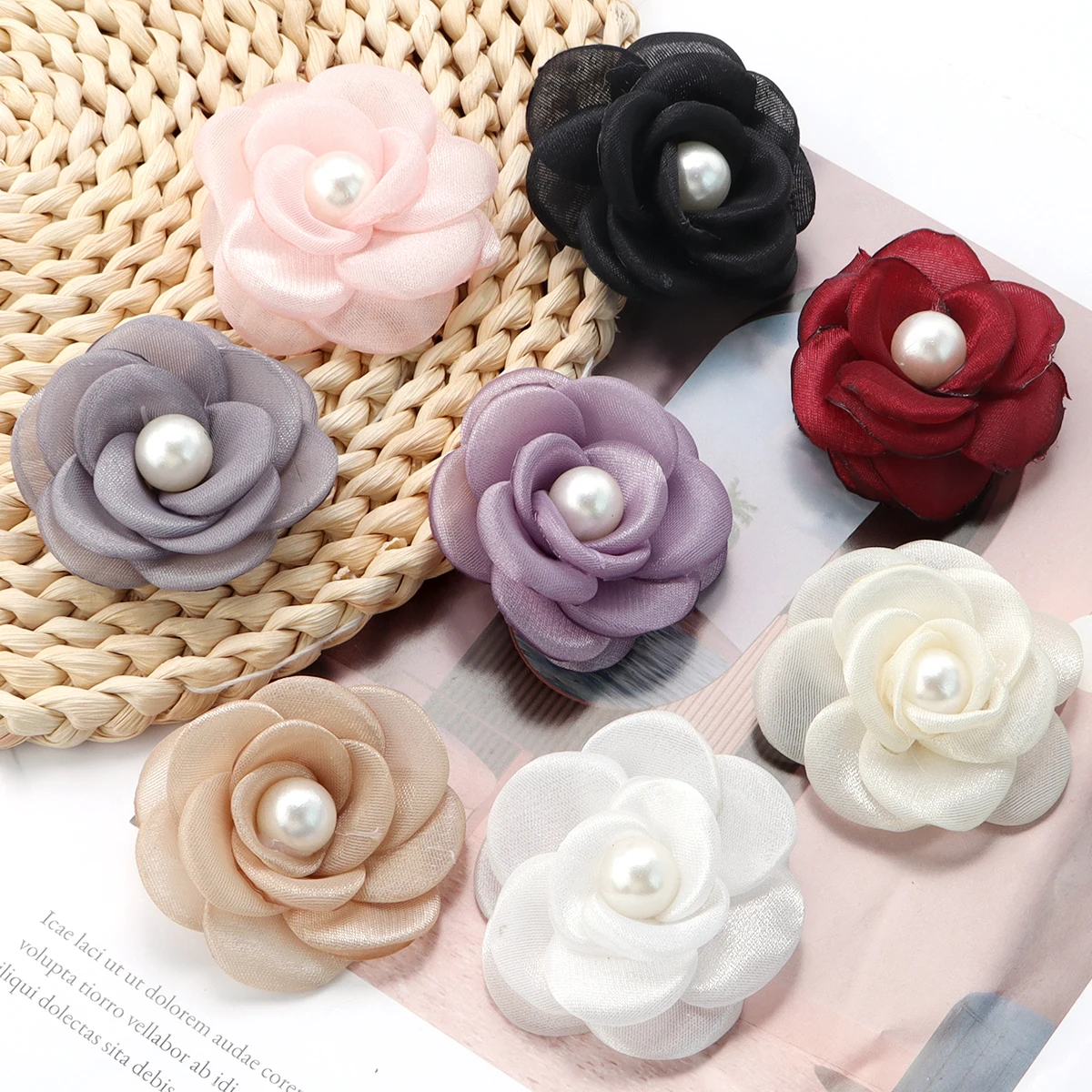 3pcs/pack 5cm Mesh Pearl Simulation Burnt Edge Camellia For DIY Handmade Clothing Decoration Accessories Wholesale