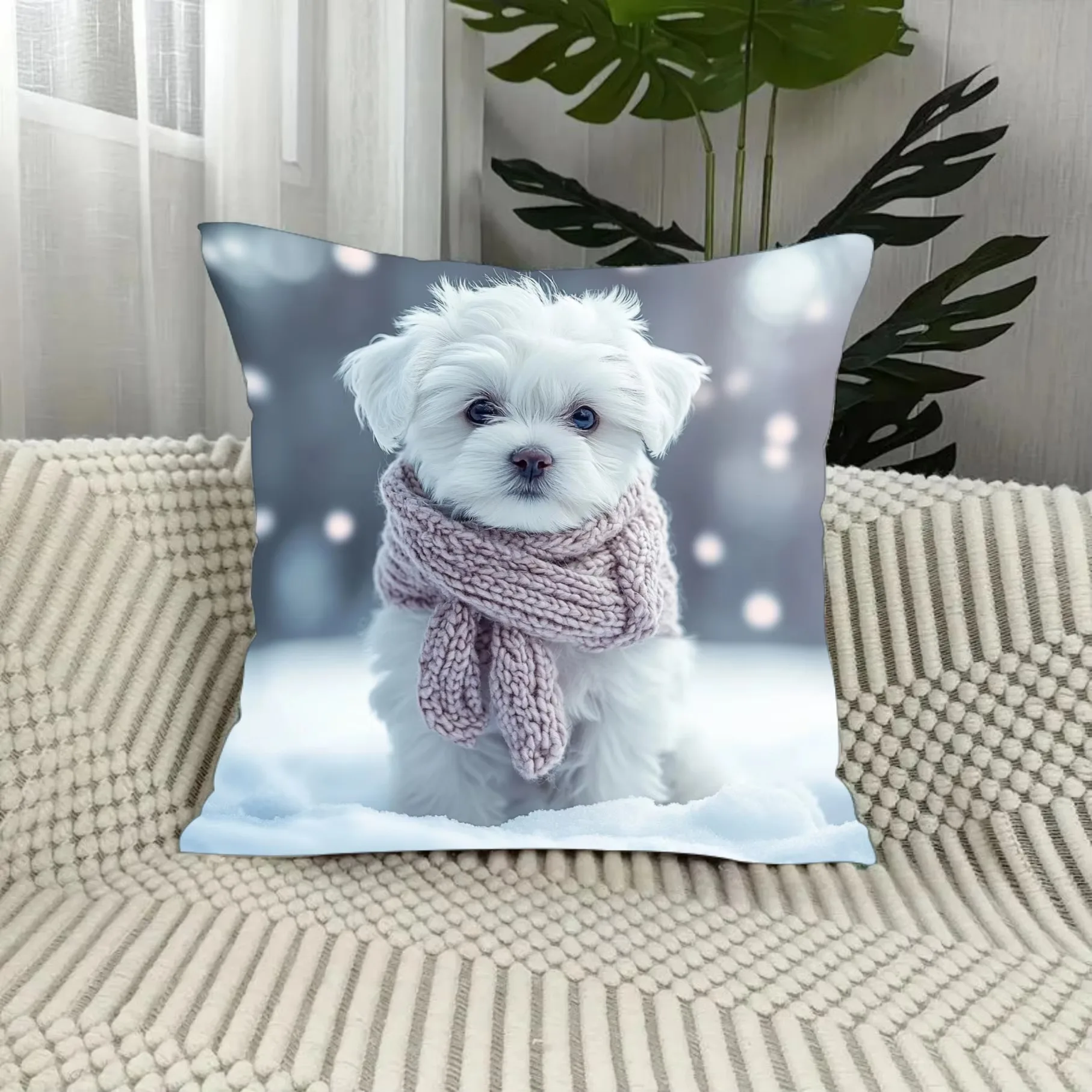 Cute Maltese Puppy Christmas Pillow Cover, Double Sided Soft Polyester 2D Print Cushion for Sofa Bedroom Living Room New Year