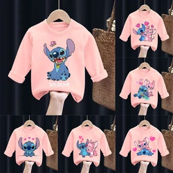 New Lilo Stitch Children Tops Kawaii Disney Cartoon T-shirt for Girls Kids Casual Long Sleeves Tops 2024 Baby Autumn Clothes