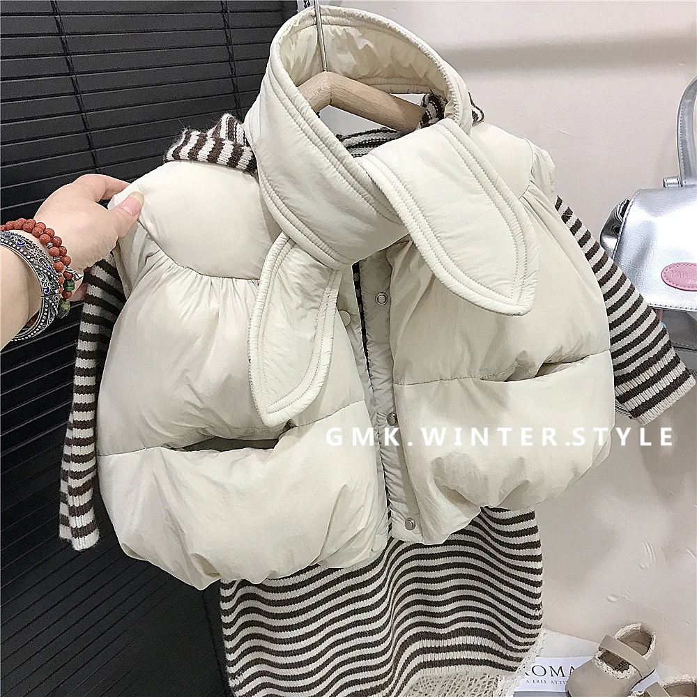 Winter Baby Girl Parka Vest Clothes Set Cotton Lantern Waistcoat Kid Girl Scarf Loose Striped Knitwear Toddler Girl Hooded Dress