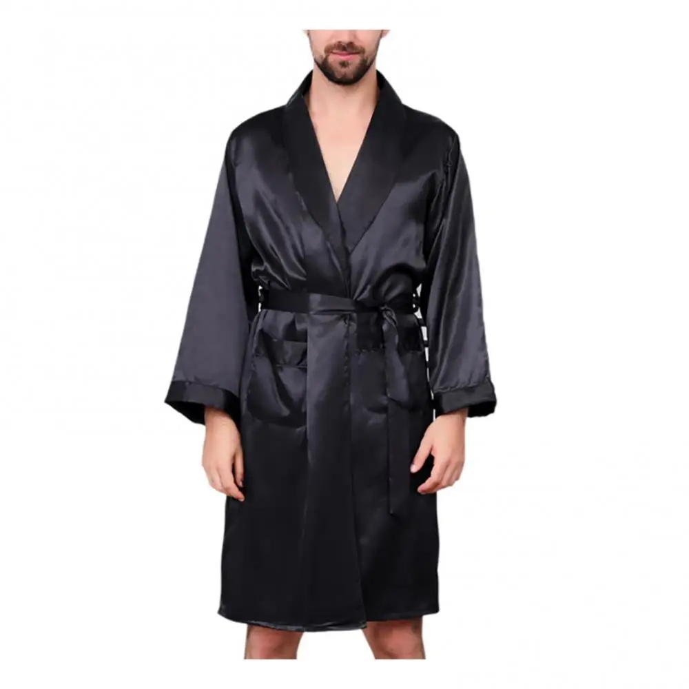 Belt Sleepwear Pockets Men Summer Imitation Silk with Waist Bath Robe Home Gown Sleepwear