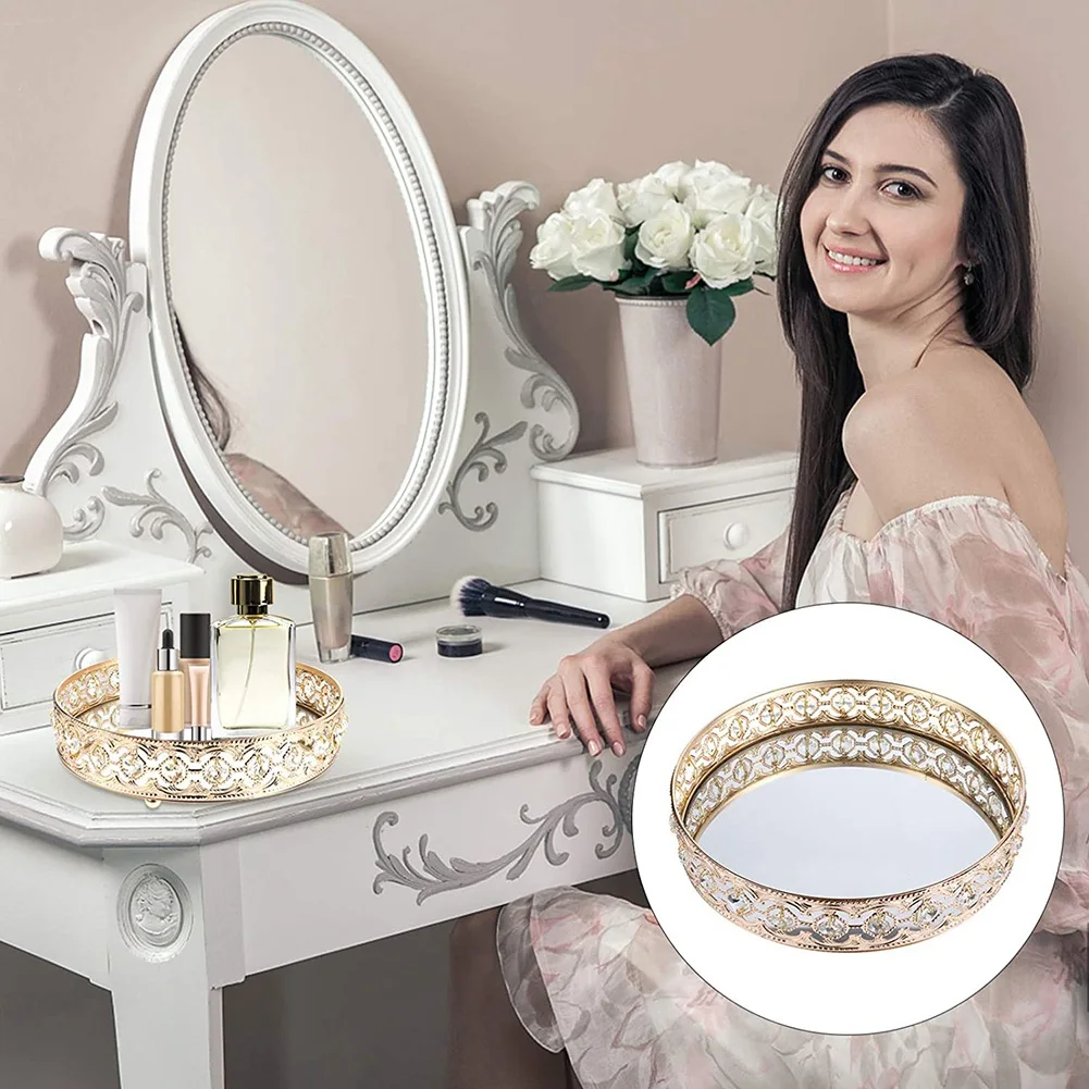 30CM Vanity Makeup Mirror Tray Display Trinket Round Dish Decorative Jewelry Organizer Bling Tray Dresser Home Decor