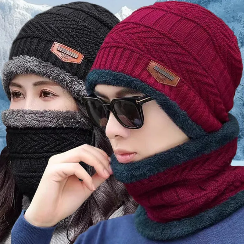 Chapéu resistente ao frio conjunto de cachecol de pescoço confortável boné de algodão quente à prova de vento lenço térmico inverno proteção de ouvido forro grosso chapéus macios