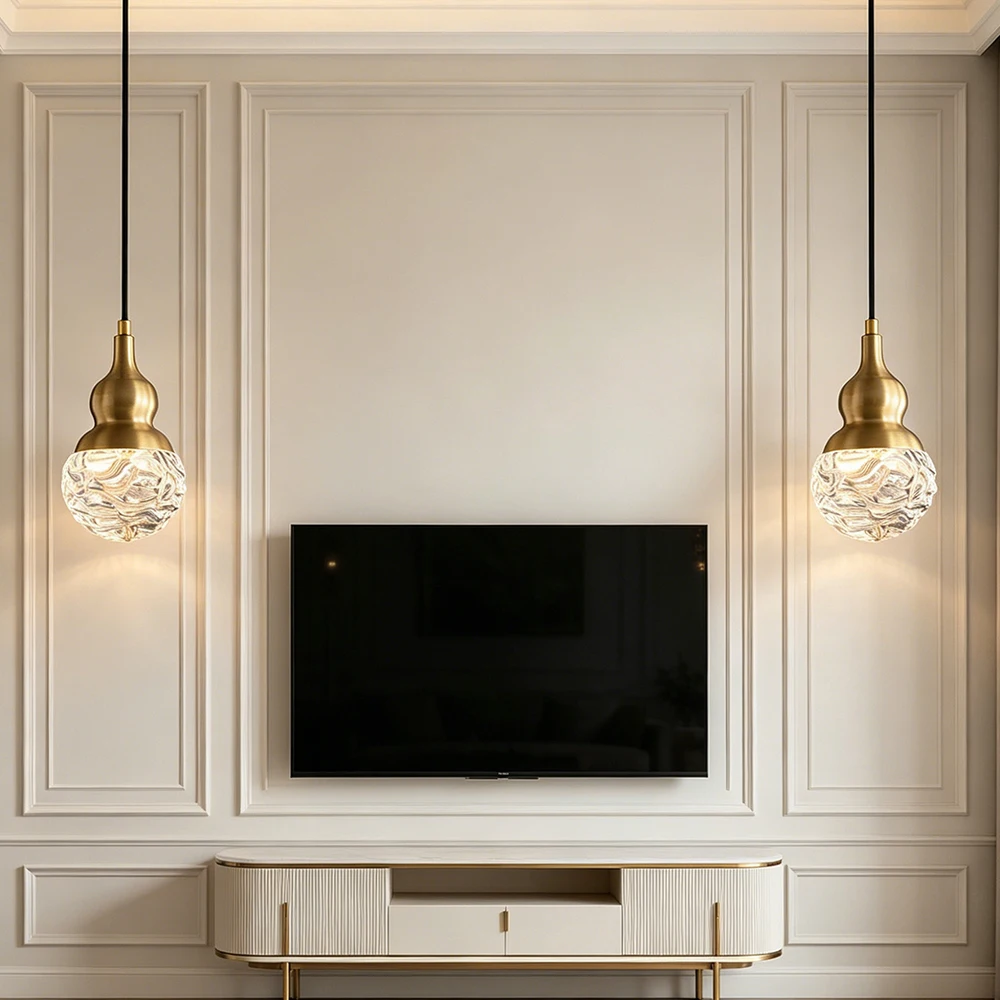 Luxury Copper Gourd Pendant Lamp Textured Clear Glass Shade LED Hanging Light for Living Room Bedroom TV Wall Decor