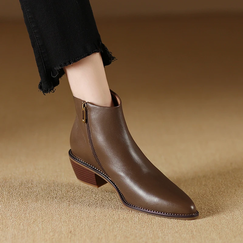 NEW Autumn Women Boots Pointed Toe Chunky Heel Shoes Genuine Leather Shoes for Women Concise Zipper Ankle Boots Designer Boots