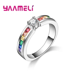 Real 100% 925 Sterling Silver Rainbow Cubic Zircon Rings For Women Wedding Lovely Engagement Proposal Ring Accessory