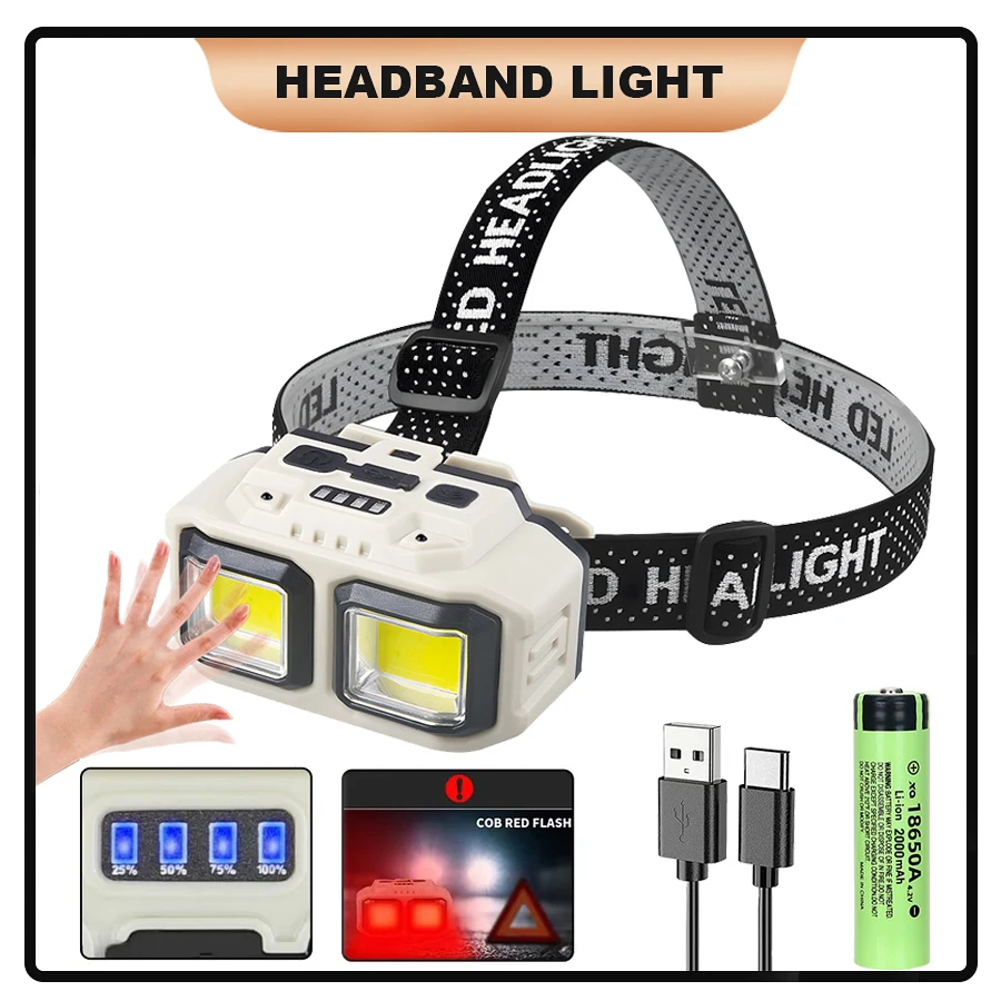 Powerful LED Headlamps with 18650 Rechargeable Battery Headlight Dual Light Source Head Torch Outdoor Waterproof Camping Lantern