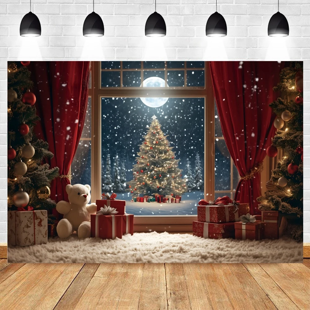 Christmas Photography Backdrop Winter Night Window Red Curtains Bear Santa Claus Xmas Tree Background Kids Portrait Photo Props