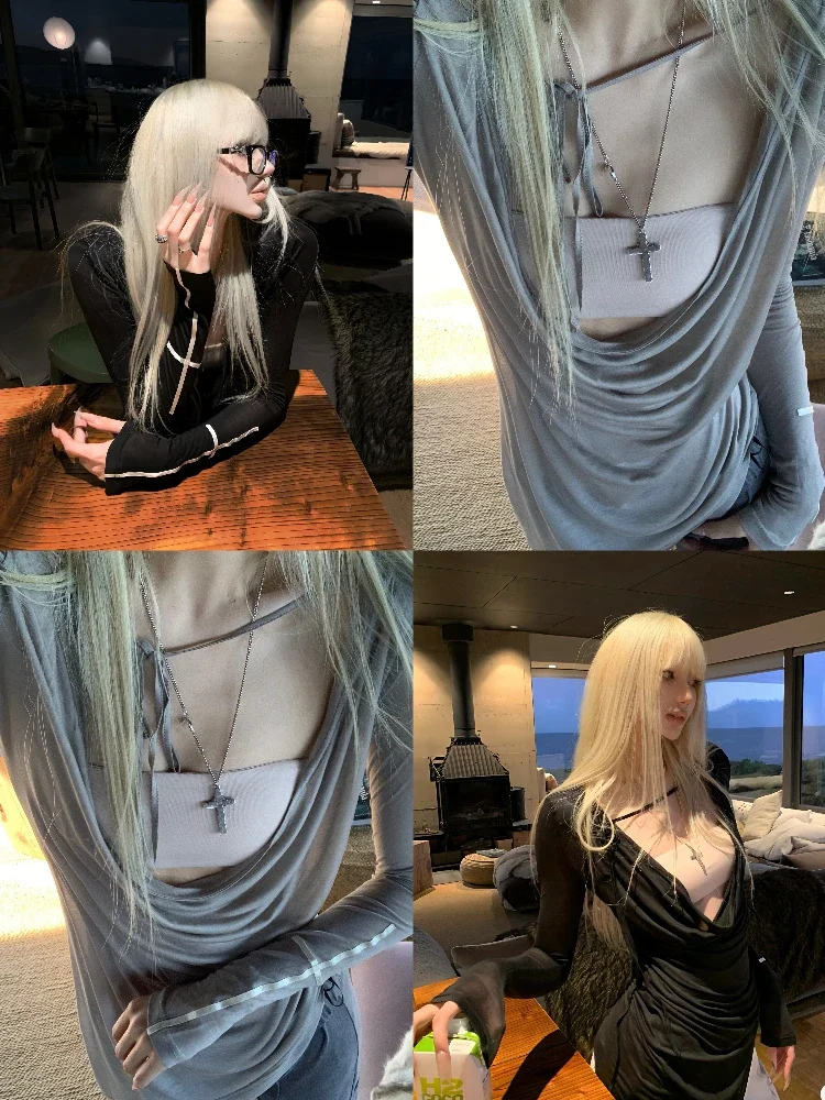 IMU Pas A Pas Original Design Deep Swing Collar Tshirt Women Summer Thin Long Sleeve Slim Sexy Cross Patch Solid Pullover Shirts