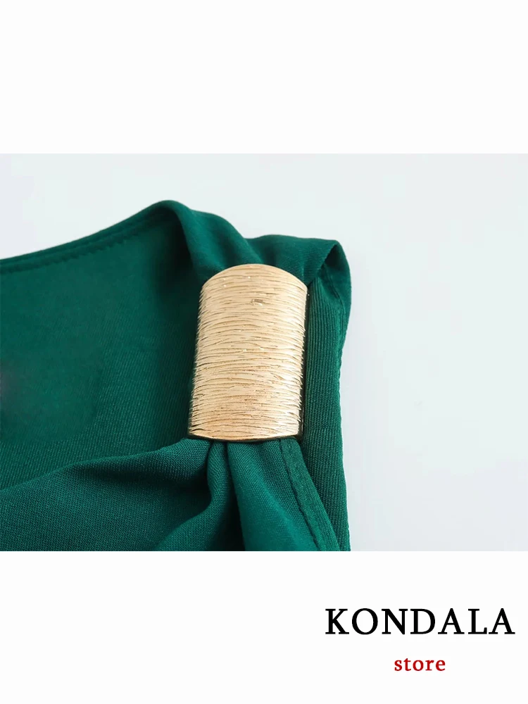 KONDALA Chic Solid Green Pleated Asymmetrical Sequined Women Split Dress Fashion 2023 Autumn Single Sleeve Night Party estido